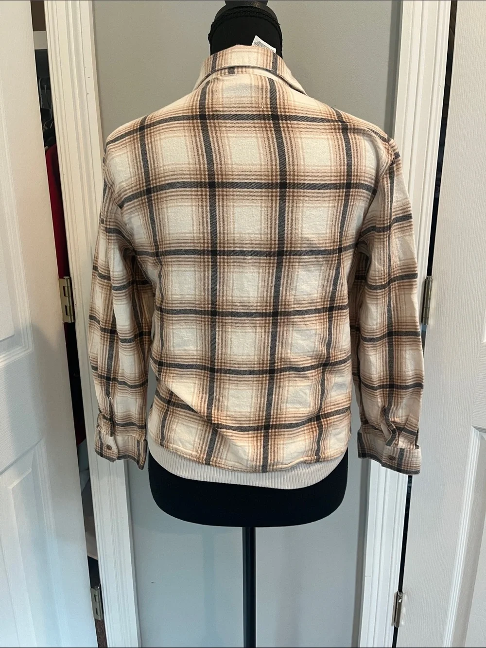 Old Navy Cream and Brown Plaid Button-Front Utility Jacket